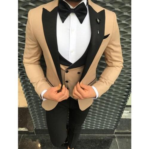 New Fashion Champagne Groom Tuxedos Slim Fit Groom Suits Tailor Made Groomsmen Prom Party 3 Pieces Suits BlazerCostume Homme