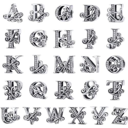 NEW 925 Sterling Silver Vintage A to Z Clear CZ 26 Letter Alphabet Bead Charms Fit Bracelets DIY Jewelry