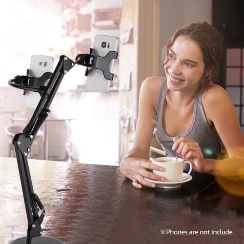 Extendable Cell Phone Holder Table Stand Lazy Bracket 360° Rotatable For iPhone Samsung Smartphone with Dual Phone Clamps