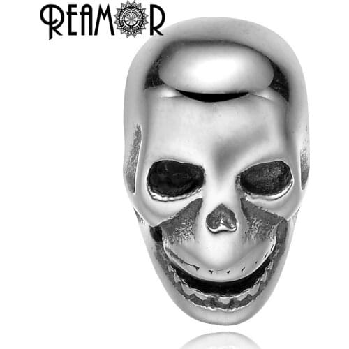 REAMOR High Polished Skull Head Helmet 316l Stainless Steel Small Hole beads Charms for DIY Beaded Bracelets Jewelry Making