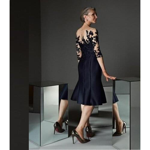 Blue knee-length bride mother dress lace applique middle sleeve wedding guest dress dinner dress wa01