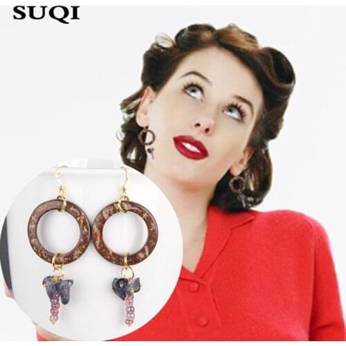 SUQI Women Stainless Steel coconut shell Earrings Ladies Girls Korean Trendy crystal Heart Leaf Bead stone Earrings Pendant Gift