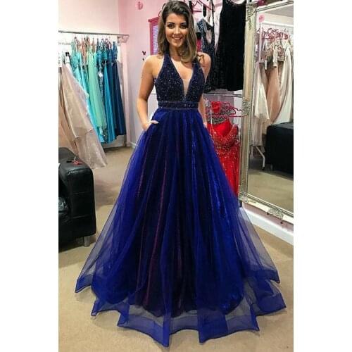 Vkbridal Sexy Deep V-Neck Tulle Dark Blue Prom Dresses Long Party Dresses V Back Formal Evening Gowns for Women