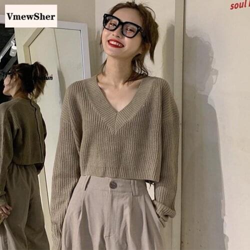 VmewSher New Short Sweater Women Autumn Spring Fashion V-neck Pullover Solid Female High Waist Long Sleeve Knit Jumper Crop Top