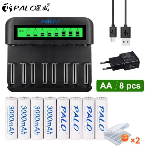 PALO 1.2V AA AAA size rechargeable batteries with LCD display USB Smart battery Charger for AA AAA C D Size battery