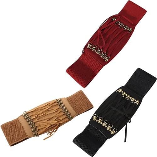 Womens Rivet Elastic Buckle Wide Waist Belt Waistband (Black)