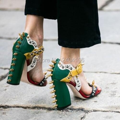 Shooegle Brand Summer Malin Spike Leather Sandals Women High Heels Rivets Shoes Woman Chunky Heel Colorblock Sandalias Mujer