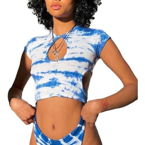Women Casual Crop Tops Tie-dyed Printed O-neck Short Sleeve T-shirt Hollow Out Slim Sexy Tops Clothes Summer Female Ladies New