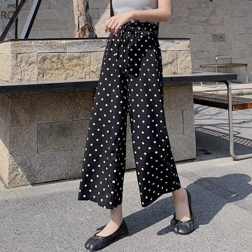 2019 Women Chiffon Pants Summer High Waist Wide Leg Pant Female Lace Up Loose Holiday Print Dot Ankle-Length Pants Trousers
