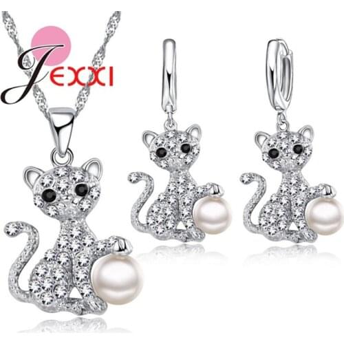 Pretty Animals Cat with Pearls Solid 925 Sterling Silver Necklace Earrings Jewelry Sets for Girls Women Christmas Gifts