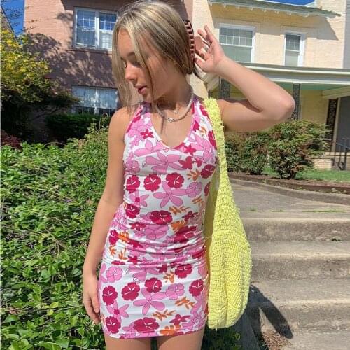 2021 Summer Backless Sexy Halter Dress Women Pink V Neck Y2K Bodycon Tank Mini Dresses Female Floral Print Lace Up Casual