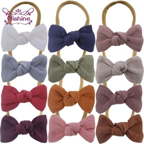 1 PCS 6*3 CM High Quality Linen Bowknot Toddler Headband Solid Color Bows Elastic Nylon Hairband Baby Headwear Hair Accessories