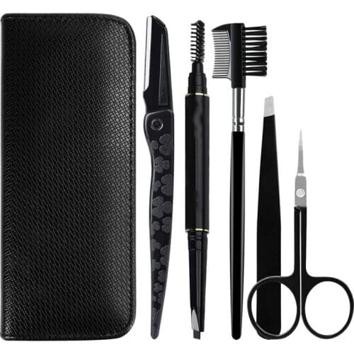 5Pcs Stainless Steel Eyebrow Care Kit Eyebrow Tweezers Eyebrow Scissors Comb Eyebrow Pencil with Travel Case
