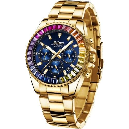 Antique Top Brand Men Watches Unique Rhinestone Design Chronograph Mens Quartz Wristwatch Golden Dress Watch for Male Gift