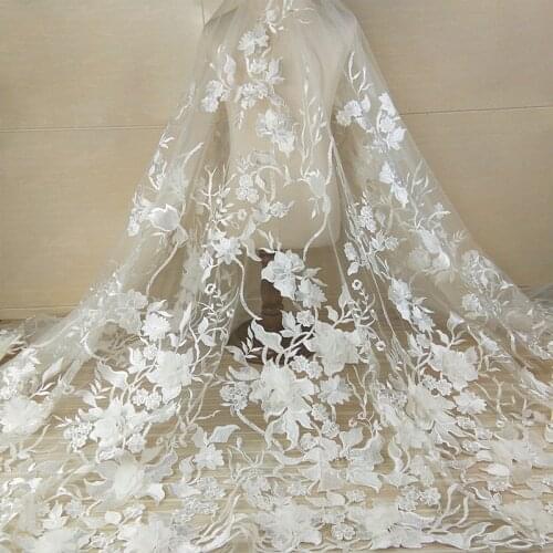 White Luxury Floral Embroidery Branch 3D Flower Blossom Lace Fabric Net Yarn Polyster Material For DIY Wedding Dress Party dress