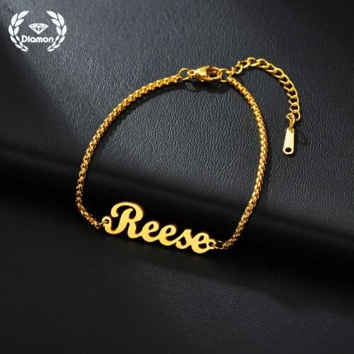 Diamon Custom Personalized Name Bracelet Stainless Steel Charms Handmade Square Pearl Chain Bangle Couple for Women BirthdayGift