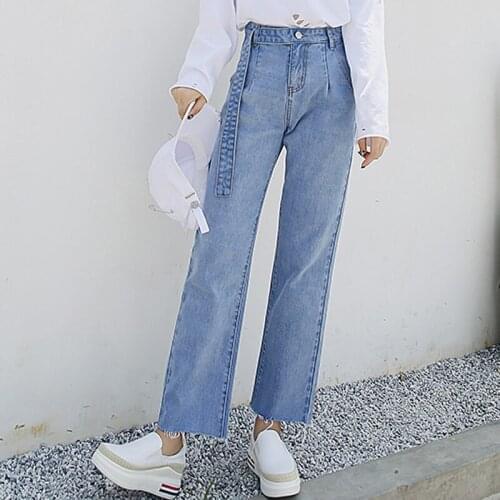 Spring Pants 2019 New Belt Raw Hem Design Fashion Women Clothing Jeans Ankle-Length Pants Female Loose Washed Sweet Student