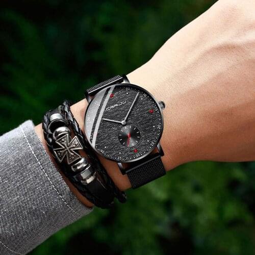 CRRJU Mens Simple Slim Quartz Watch Black Steel Mesh Ultra Thin Men Watches Top Brand Luxury Waterproof Black Male Wrist Watch