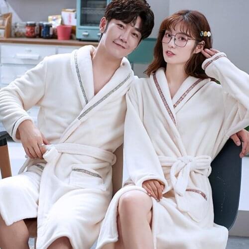 Lovers' Flannel Wedding Robe Dressing Gown Winter Warm Nightgown Coral Fleece Couple Kimono Bathrobe Thicken Loose Sleepwear