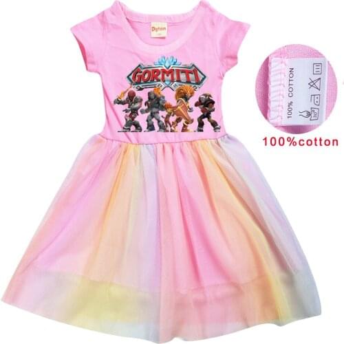 Game Gormiti Clothes Kids Short Sleeves T Shirt + Rainbow Mesh Pleated Princess Colorful Dresses Girls Summer Casual Costumes