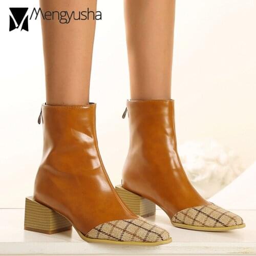 Plaid cloth patchwork leather chelsea boots women square wood heel ankle booties crocodile pattern cowboy botas plus size 34-43