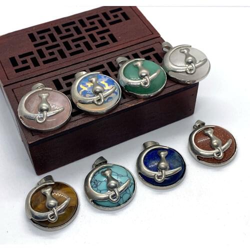 Natural Stone Pendant Lapis Lazuli Green Aventurine Opal Moon Kitten-shaped Necklace Pendant Jewelry Making DIY Accessories 1pc