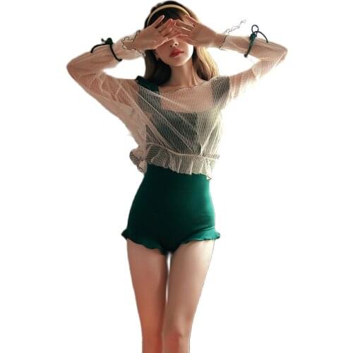Swimwear Hot Springs Bathing Suit Womens One-piece New Style Retro Dark Green Long Sleeve Blouse Online Celebrity Small Bust