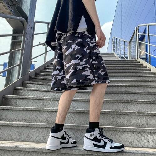 Summer Mens Camouflage Cargo Shorts Side Buttons Casual Short Pants Mid Waist Drawstring Loose Shorts Outdoor Overalls M-3XL