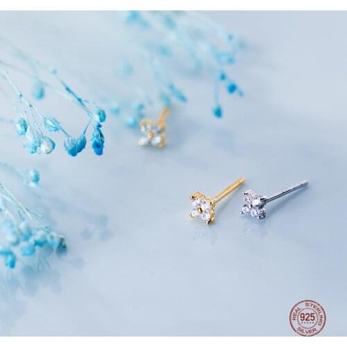 LKO Cute Mini 925 Sterling Silver Studded Zircon Clover Stud Earrings for Women Flower Earrings Jewelry Girl Birthday Gifts