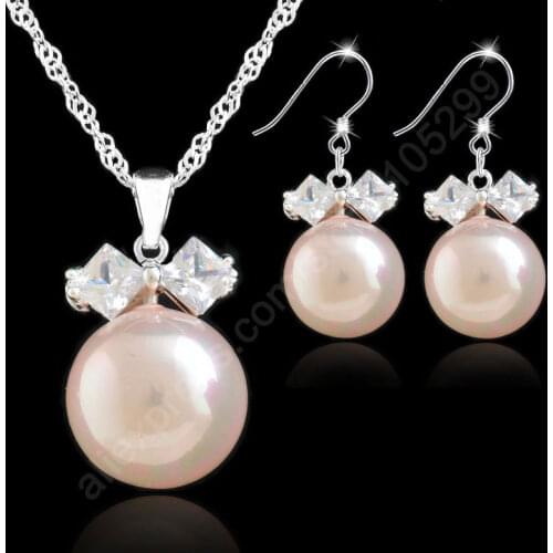 New Arrival Jewelry Sets Pink Pearl 925 Sterling Silver Jewelry Bowknot Cubic Zirconia CZ Pendant Necklaces Earrings Set