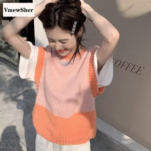 VmewSher New Sweater Vest Women Short Sweet Orange Panelled Color Preppy Style Patchwork Knitted Korean Style Tops O Neck Retro