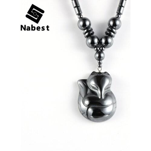 Men Women Natural Hematite Fox Necklace Handmade Carving Animal Pendant Energy Choker Clavicle Chain Strand Necklaces Jewelry