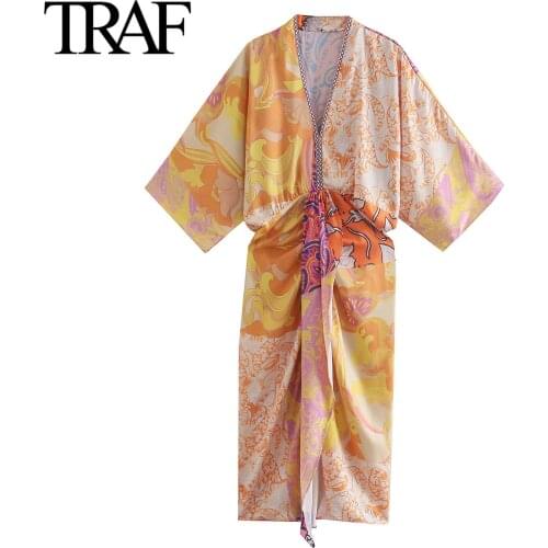 Traf Za Women Fashion Satin Dress Summer Short Sleeve V-neck Printed Robe French Elegance Vintage MIDI Dress Vestidos Mujer