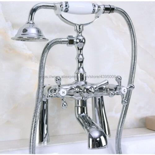 Polished Chrome Bathtub Faucets Deck Mounted Telephone Style Clawfoot Tub Mixer Tap with Handheld Spray Shower Bna126
