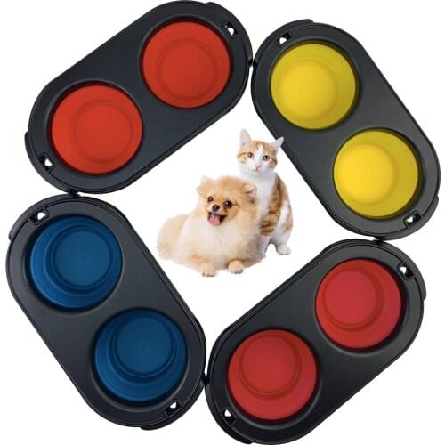 Portable Pet Silica Gel Bowl Outdoor Travel Camping Collapsible Double Bowls For Dogs Cat Food Container Pet Feeding Accessories