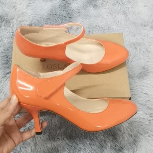 Women Pumps Casual Patent Leather Ankle Strap High Heels 7cm Mid-heeled Comfort Round Shallow Mouth Work Red Wedding Shoes