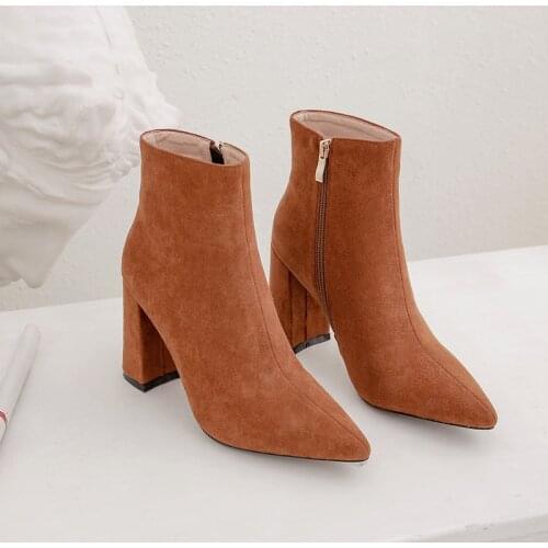 YQBTDL Fashion 2020 Faux Suede Black Gray Pointed Toe Winter Women Boots Block High Heels Daily Office Lady Shoes Woman Footwear