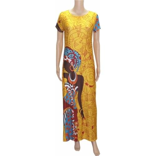 Women African Dresses Robe Long Loose Printed Short Sleeve Summer Retro Vintage Suit Yellow Slim Casual Dress Clothing