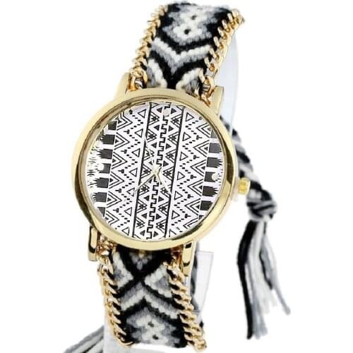 Gnova platinum Ethnic Women Watch Black Aztec Shell Fashion Quartz Wristwatch Golden Braided Bracelet Golden Chain Reloj A415