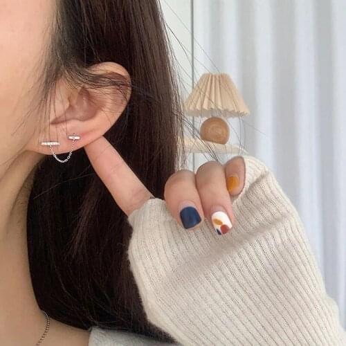 925 Sterling Silver Double Pierced Zircon Bar Earrings Female Simple Chain Earrings Wholesale Dropshipping