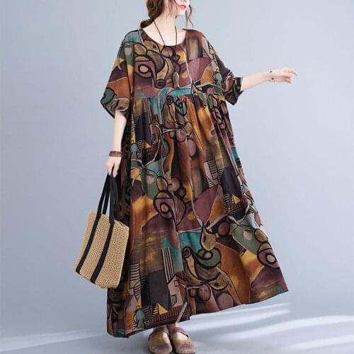 Plus Size Women Clothing 4XL 5XL 6XL Printed Cotton Long Dress Female Vintage Oversize One Piece Retro Bohemia Linen Dress 100KG