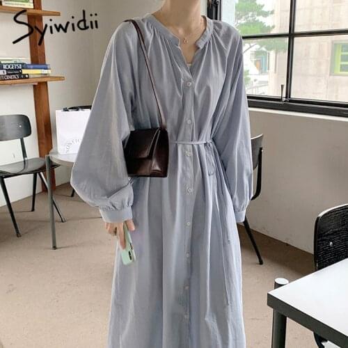 Syiwidii Big Shirt Dress Women Summer 2021 Autumn New Office Lady Causal Button Up Cotton Pure Long Dresses with Belt Blue Beige