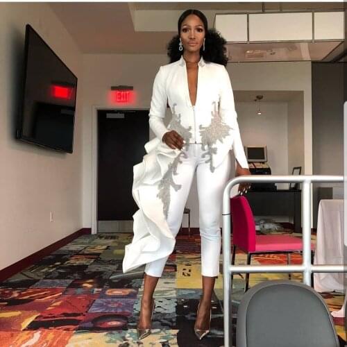 White Jumpsuits Prom Dresses V Neck Long Sleeve Arabic Appliqued Formal Dress Evening Gowns Tea Length Robe De Soiree