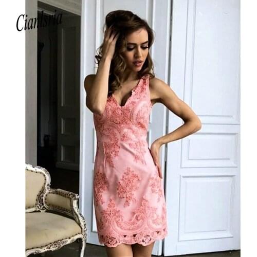 2020 Lace Sex Cooktail Dresses Pink Sheath Homecoming Dresses V Neck