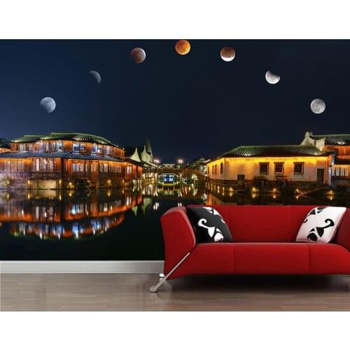 Vintage building river full moon 3d wallpaper,living room tv sofa wall bedroom wall papers home decor restaurant cafe bar mural