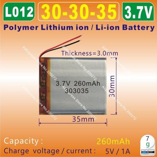 5pcs [L012] 3.7V 260mAh [303035] Polymer lithium ion / Li-ion battery for voice recorder pen,smartband;bluetooth,mp4,smart watch
