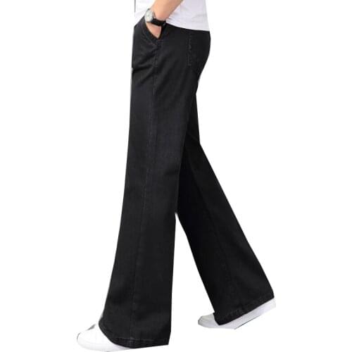 Mens Loose Flare Jeans Straight Pants Black Blue Long Flare Pants Casual Large Size 36 and 38