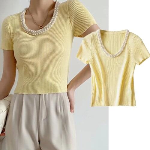 Harajuku T shirt England Vintage Fashion Pearl Uneck Knitted Summer T Shirt Women Camisetas Verano Mujer 2021 Short Tops