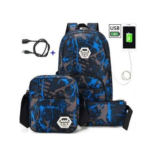 3pcs USB Male backpack bag set red and blue high school bag for boys one shoulder big student book bag men school backpack women