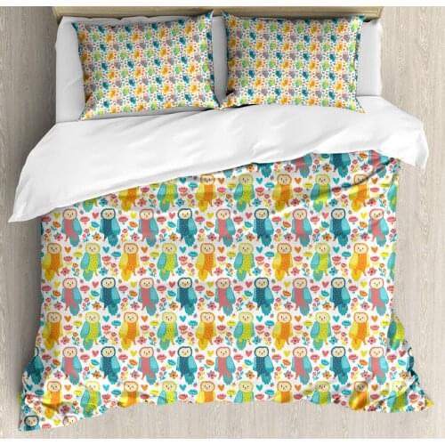 Owl Duvet Cover Set Animals Leaves Berries Branches and Flowers 3 Piece Bedding Set Multicolor